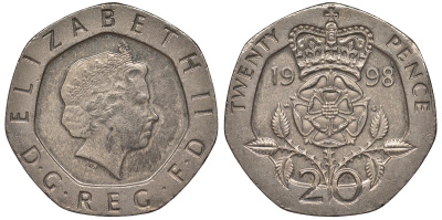 Великобритания 20 пенсов 1998 Елизавета II (1952-2022) KM 990, Spink 4630 (G3) медно-никель 4122-1132