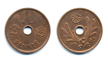 ФИНЛЯНДИЯ 10 ПЕННИ 1943 KM 33.1 медь 51-5036