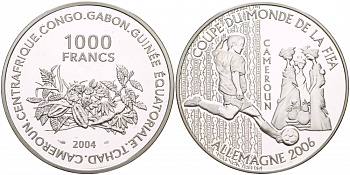 Центрально-Африканские Штаты 1000 франков 2004 чемпионат мира по футболу в Германии FIFA Камерун, 2006 KM 23 серебро PROOF 1088-5-64