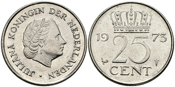 НИДЕРЛАНДЫ 25 ЦЕНТОВ 1973 ЮЛИАНА KM 183 никель 96-232