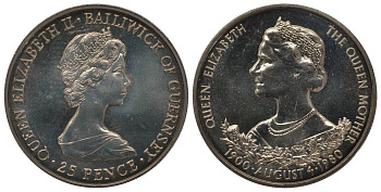 Гернси 25 пенсов 1980 80 лет Королеве Елизавете (королеве матери) KM 35 медно-никель UNC 1078-3-42