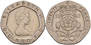 Великобритания 20 пенсов 1982 Елизавета II (1952-2022) KM 931, Spink 4230 (G1) медно-никель    4603-1021