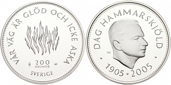 Швеция 200 крон 2005 Карл XVI Густав (1973- ), 100 лет со дня рождения Дага Хаммаршельда KM 913 серебро PROOF 02-036-14
