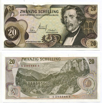 АВСТРИЯ 20 ШИЛЛИНГОВ 1967 (1968) 2 ИЮЛЯ 1967, КАРЛ РИТЕР фон ГЕГА Pick 142a бумага XF-UNC 8605-14-3-1