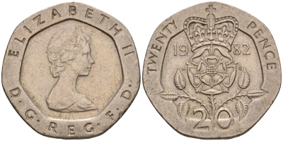 Великобритания 20 пенсов 1982 Елизавета II (1952-2022) KM 931, Spink 4230 (G1) медно-никель    4603-1021