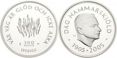 Швеция 200 крон 2005 Карл XVI Густав (1973- ), 100 лет со дня рождения Дага Хаммаршельда KM 913 серебро PROOF 02-036-14