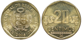 Перу 20 сентимо 2010 KM 306.4 латунь aUNC 4605-517