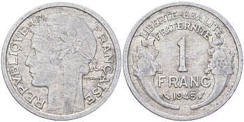 Франция 1 франк 1945 KM 885a алюминий 4159-811