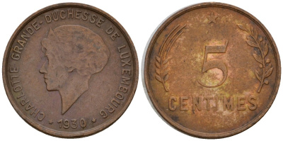 Люксембург 5 сантимов 1930 Шарлотта (1918-1964) KM 40 бронза 4602-419