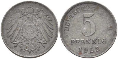 ГЕРМАНИЯ 5 ПФЕННИГОВ 1922 E KM 19, J. 297, Weege 5 железо 206-757