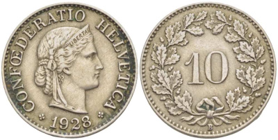 Швейцария 10 раппенов 1928 B KM 27 медно-никель     4513-234