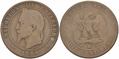 ФРАНЦИЯ 10 САНТИМОВ 1864 BB, НАПОЛЕОН III (1852-1870) KM 798.2, LE FRANC 134.12 бронза 4389-622