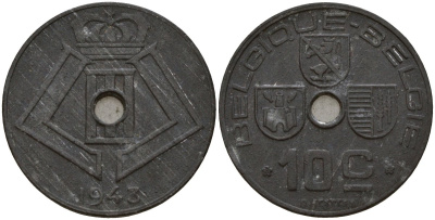 Бельгия 10 сантимов 1943 Belgique - Belgie, Леопольд III (1934-1947), германская оккупация, Вторая мировая война KM 125 цинк 4161-326