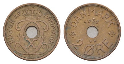 Дания 2 эре 1936 N, Кристиан X (1912-1947) KM 827 бронза 4658-241