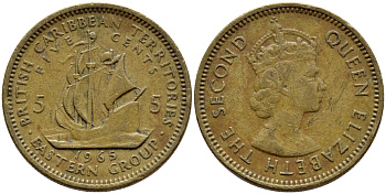 Британские Восточно-Карибские территории 5 центов 1965 Елизавета II (1952-2022), парусник KM 4 никель латунь 4393-927