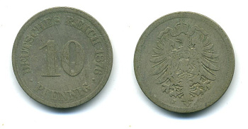 Германия 10 пфеннигов 1876 J, старогербовка KM 4, Jager 4, Weege 7 медно-никель 54-452