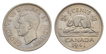 Канада 5 центов 1941 бобр, Георг VI (1936-1952) KM 33 никель 4643-313