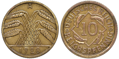 Германия 10 рейхспфеннигов 1928 A KM 40, J. 317 алюминиевая бронза 4604-712