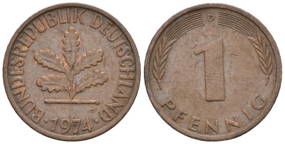 ФРГ 1 пфенниг 1974 D KM 105, J.380 сталь плакированная медью 4609-329