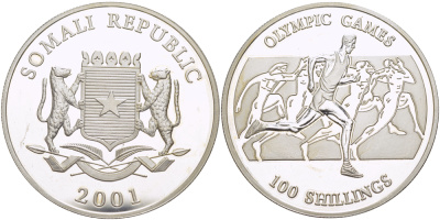 Сомали 100 шиллингов 2001 Олимпийские игры, бег серебро PROOF 1074-6-52