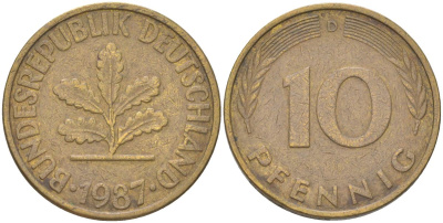 ФРГ 10 пфеннигов 1987 D KM 108 сталь плакированная латунью 4613-1238