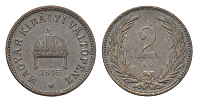 Венгрия 2 филлера 1895 KB, Франц Иосиф I (1848-1916) KM 481 бронза 4664-823