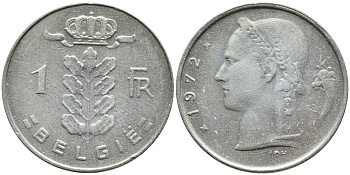 БЕЛЬГИЯ 1 ФРАНК 1972 BELGIE KM 143.1 медно-никель 4385-1036