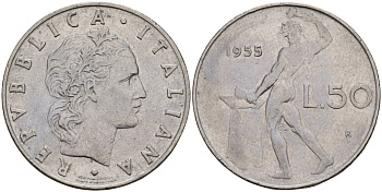 Италия 50 лир 1955 R, бог Вулкан у наковальни KM 95.1 нержавеющая сталь 4150-1243