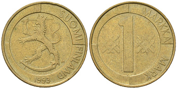 Финляндия 1 марка 1993 M KM 76 алюминиевая бронза 92-111