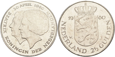 Нидерланды 2 1/2 гульдена 1980 коронация Беатрикс, 30 апреля 1980 KM 201 никель 4593-623
