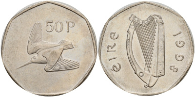Ирландия 50 пенсов 1998 Вальдшнеп KM 24 медно-никель 4140-414
