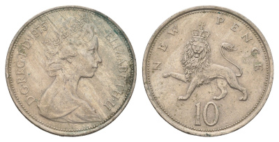 Великобритания 10 пенсов 1975 Елизавета II (1952-2022) KM 912, Spink 4231 (F1) медно-никель 4671-1213