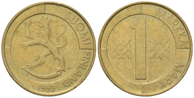 Финляндия 1 марка 1993 M KM 76 алюминиевая бронза 92-111