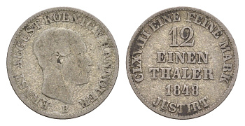 Ганновер 1/12 талера 1848 B, Эрнст Август I (1837-1851) KM 206, AKS 115, J. 78 серебро    1530-1023
