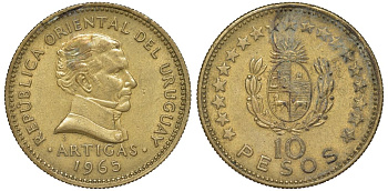 Уругвай 10 песо 1965 KM 48 алюминиевая бронза 4574-1236