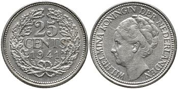 Нидерланды 25 центов 1941 Вильгельмина (1890-1948) KM 164 серебро 4387-929