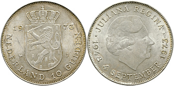 Нидерланды 10 гульденов 1973 25 лет правления королевы Юлианы KM 196 серебро aUNC 441-1523