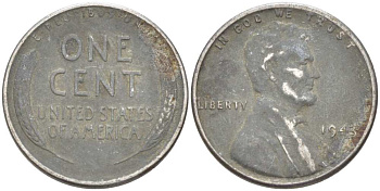 США 1 цент 1943 Авраам Линкольн KM 132а сталь плакированная цинком 3309-458