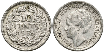 Нидерланды 10 центов 1938 Вильгельмина I (1890-1948) KM 163 серебро 4549-1046
