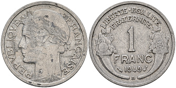 Франция 1 франк 1949 В, тип Морлон KM 885а.2 алюминий    4153-431