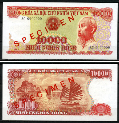 Вьетнам 10000 донгов 1990 образец, Specimen, 0000000, Хо Ши Мин, джонка, архипелаг Фай-Си-Лонг Pick 109 s  бумага  UNC (пресс) 451-967-2