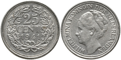 Нидерланды 25 центов 1941 Вильгельмина (1890-1948) KM 164 серебро 4387-929