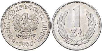ПОЛЬША 1 ЗЛОТЫЙ 1966 MW KM 49.1, Parchimowicz 213c алюминий UNC 216-813