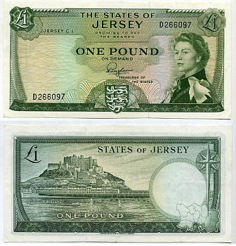 Джерси 1 фунт 1963 подпись 1, Елизавета II (1952-2022) Pick 8a бумага aUNC 451-38-1