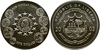 ЛИБЕРИЯ 5 ДОЛЛАРОВ 2003 НОВЫЕ ЕВРОМОНЕТЫ ВАТИКАНА медно-никель UNC 1066-6-14