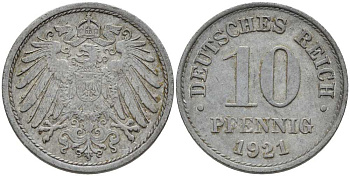 ГЕРМАНИЯ 10 ПФЕННИГОВ 1921 KM 26, J. 299 цинк 4401-156