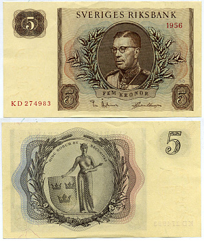 Швеция 5 крон 1956 GG Pick 42c бумага aUNC 6279-7-2-1