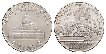 США 1 доллар 2000 P, 200 лет Библиотеке Конгресса KM 311 серебро BU 11-267-41