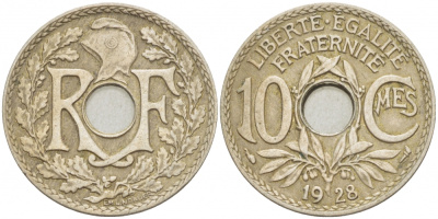 ФРАНЦИЯ 10 САНТИМОВ 1928 ТИП ЛИНДАЙЁ KM 866а медно-никель 4402-754