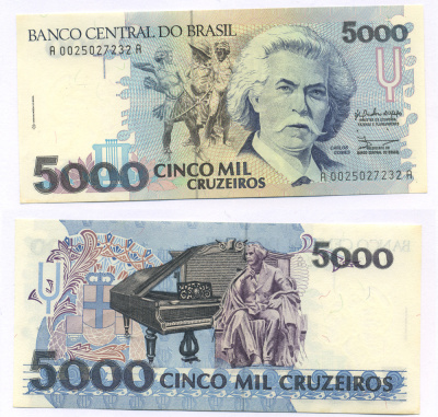 БРАЗИЛИЯ 5000 КРУЗЕЙРО 1990 ПОДПИСЬ 28, СЕРИЯ 0025, КАРЛОС ГОМЕС, БРАЗИЛЬСКИЙ МУЗЫКАНТ, РОЯЛЬ Pick 232а бумага UNC (ПРЕСС) 7548-28-1